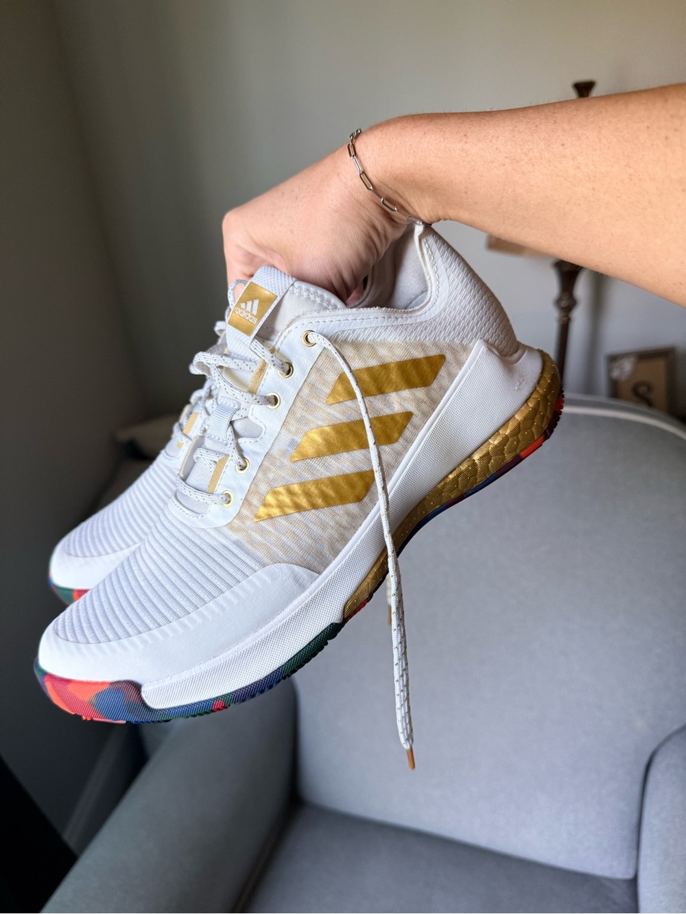 adidas Women's White Sneakers with Gold Stripes and Multicolor Sole